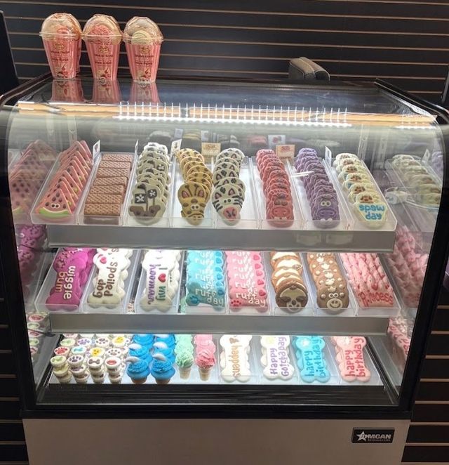 Display case filled with colorful handmade dog treats